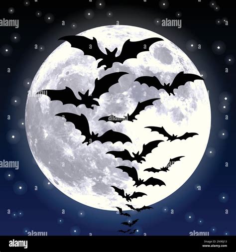 spooky flying bats silhouette against large full moon with clear night ...