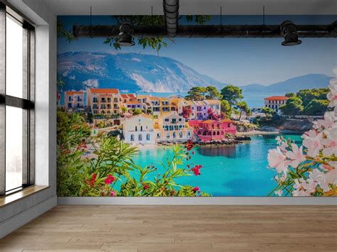 Village Wall Mural Kefalonia Wallpaper Self-adhesive | Inspire Uplift