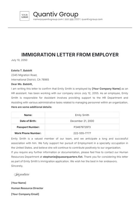 Free Immigration Letter from Employer Template to Edit Online