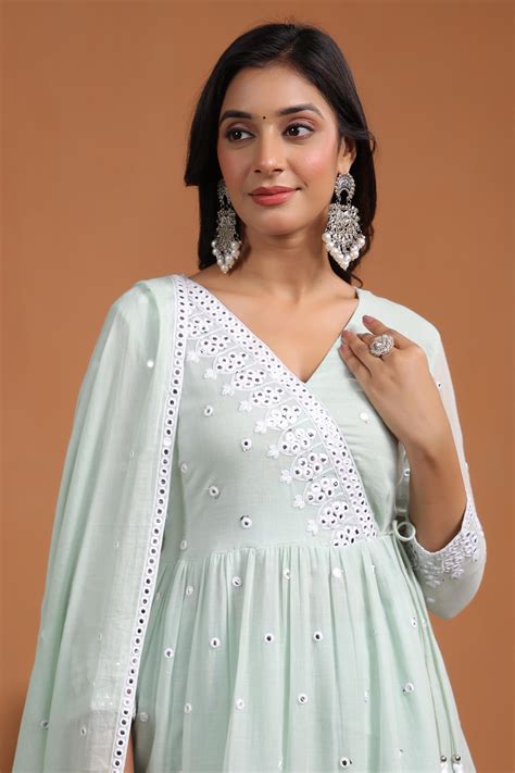 Shop Pista Green Mulmul Mirror Embroidered Sharara Set- Elegant Ethnic ...