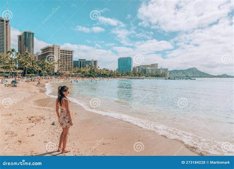 Waikiki Beach Travel Lifestyle. Tourist Woman Walking in Honolulu, Hawaii during Winter Holidays ... - longitude of honolulu hawaii