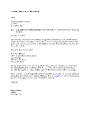 Sample Letter for IRA Charitable Rollover Doc Template | pdfFiller