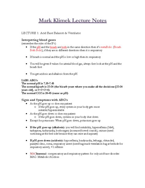Copyof Mark Klimek Lecture Notes - LECTURE 1: Acid Base Balance ...