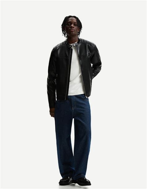 Faux leather biker jacket with zips - Men | Bershka