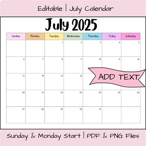Editable July 2025 Calendar Printable Activity Planner, Rainbow ...