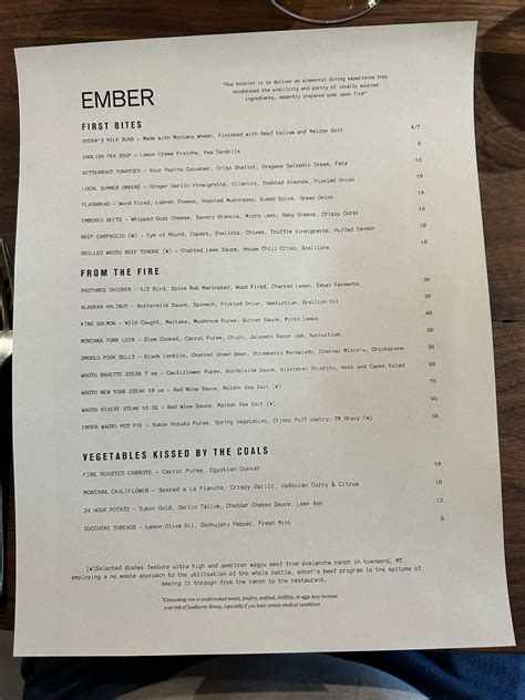 Menu at Ember steakhouse, Hamilton