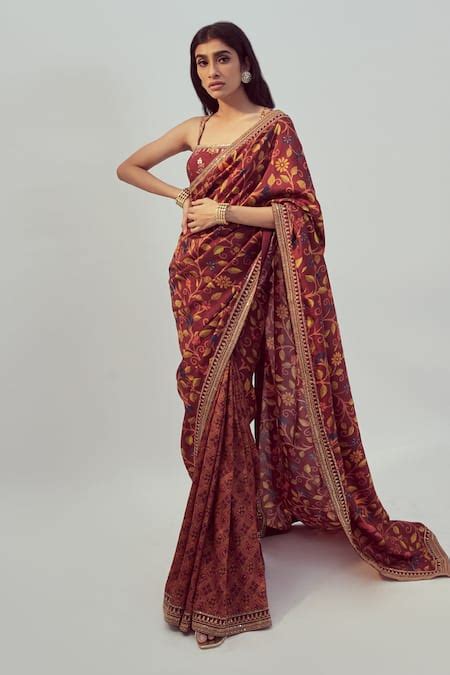 Buy Maroon Dupion Silk Dori And Sequin Work, Floral Print Square Saree ...