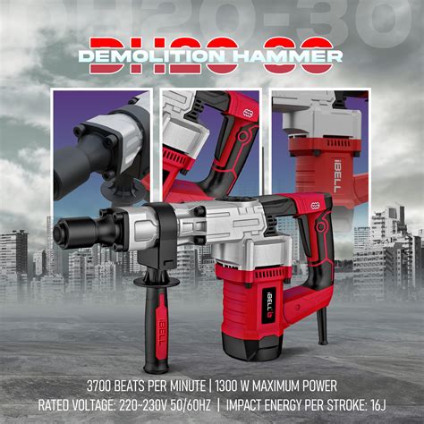 iBELL Demolition Hammer DH20-30, 6.2Kg, 1300W, Copper Armature, 3700 B ...