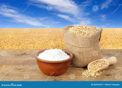 Wheat Grains and Flour on Field Background Stock Photo - Image of bread ...