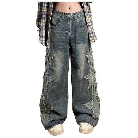 JIKNTTR Wide Leg Jeans for Women Cow Washed Old Star Patch Jeans ...