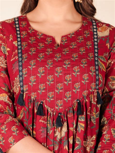 Buy Embroidered Soft Cotton Floral Flared Red Kurta TP2334T | Aramya