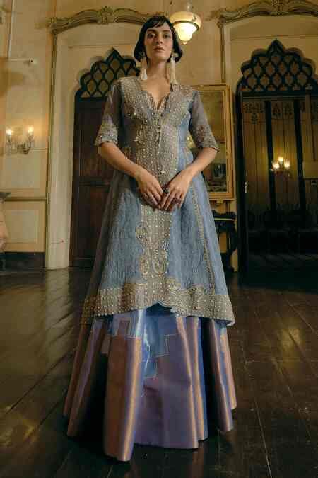 Buy Blue , Satin, Jacquard Gota Paisley Embroidered Jacket And Lehenga ...