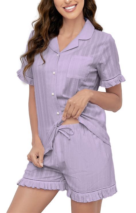 LYCY Women Cotton Pajama Set, Short Sleeve Sleepwear with Ruffle ...