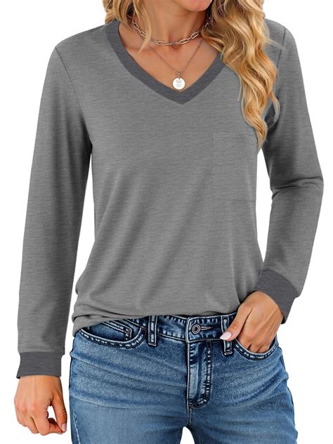 MOSHU Color Block T Shirts for Women V Neck Long Sleeve Womens Shirts ...