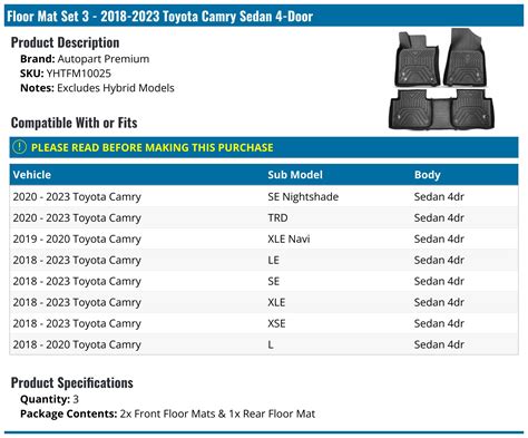 2018-2023 Toyota Camry Floor Mats - Autopart Premium YHTFM10025 ...