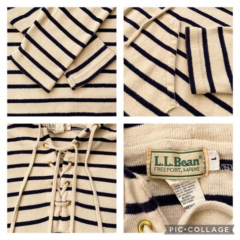 Vintage LL Bean Hoodie. 90s striped cream and navy... - Depop