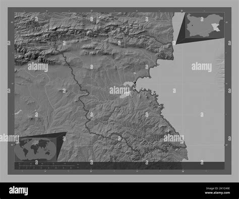 Burgas, province of Bulgaria. Bilevel elevation map with lakes and rivers. Corner auxiliary ...