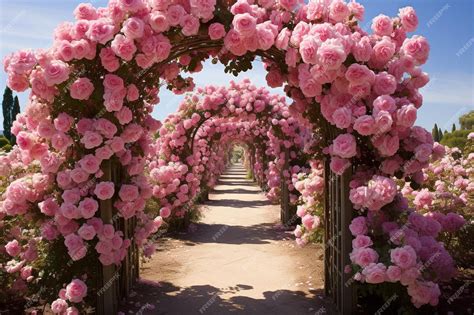 Premium Photo | Pink Rose Garden with Climbing Trellis pink rose image ...