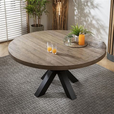 Modern 6 Seater Round Dining Table Reclaimed Oak Black Metal 150cm ...