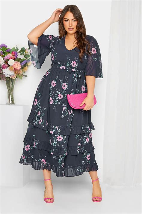 YOURS LONDON Plus Size Curve Navy Blue Floral Ruffle Hem Maxi Dress ...