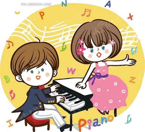 儿童卡通插画——弹琴的小男孩和唱歌的小女孩EPS素材免费下载_红动中国