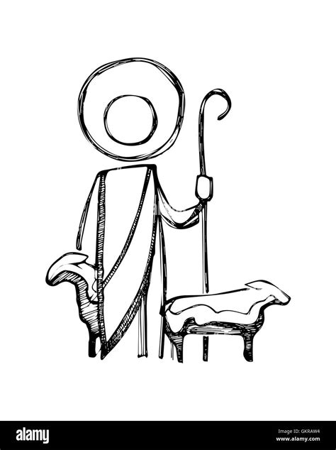 Hand drawn vector illustration or drawing of Jesus Christ Good Shepherd ...