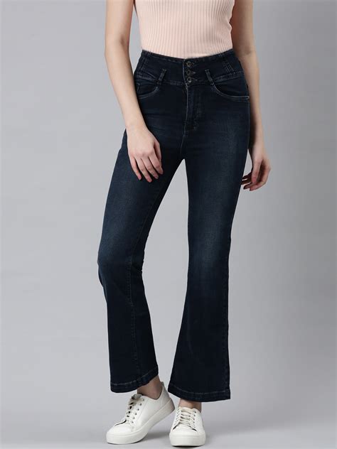 SHOWOFF Women's High-Rise Stretchable Regular Navy Blue Flared Jeans
