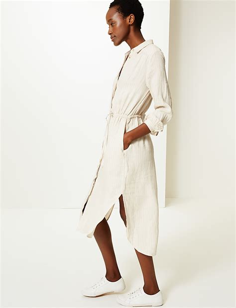 Buy Pure Linen Striped Midi Shirt Dress at Marks & Spencer