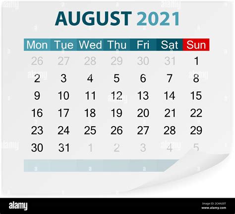 Calendar August 2021 on a white background. Vector illustration Stock ...