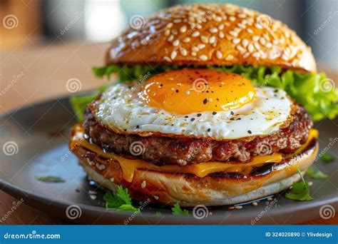Gourmet Burger with Fried Egg and Cheese Stock Photo - Image of sesame ...