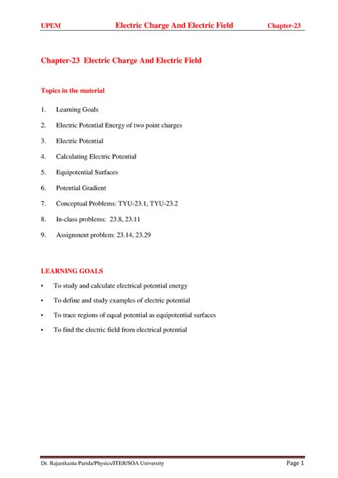 23 Electric Potential R K Parida - Chapter-23 Electric Charge And ...