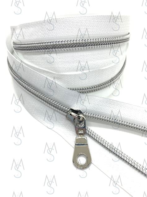 Silver Nylon Coil Zipper with WhiteTape & Nickel Pulls - Zipper by the ...