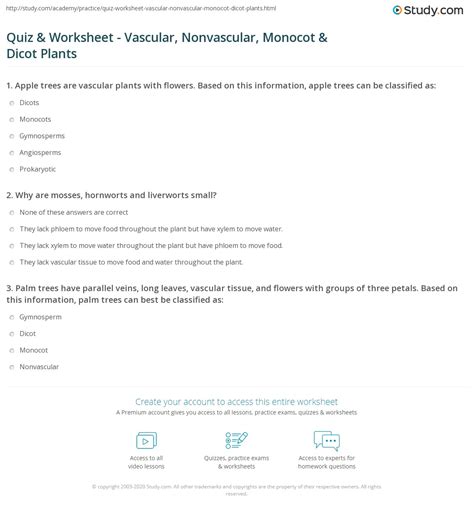 Quiz & Worksheet - Vascular, Nonvascular, Monocot & Dicot Plants ...