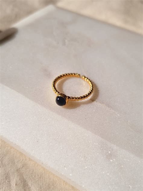 Black Onyx round adjustable ring for women gold plated brass