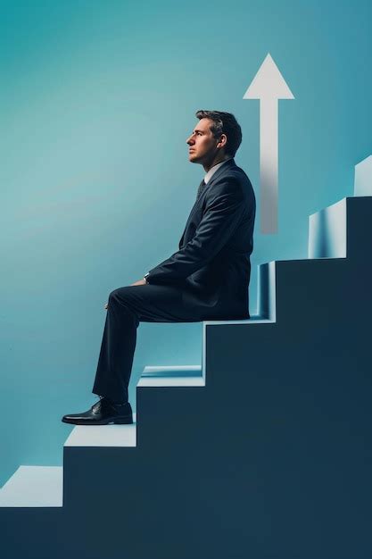 Businessman in a suit sitting on a rising arrow as stairs symbolizing ...