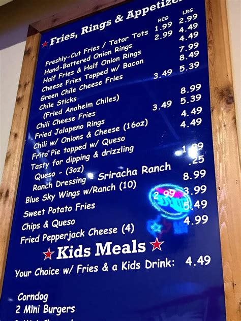 Menu at Blue Sky Texas fast food, Lubbock, 98th St