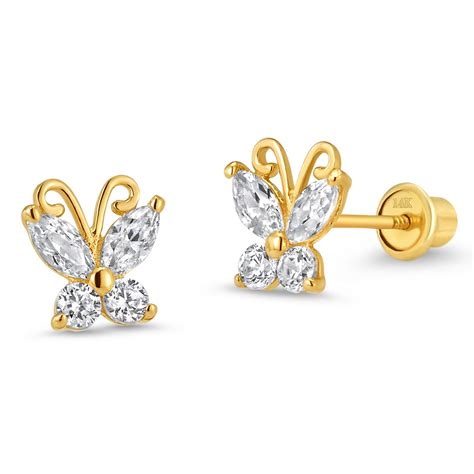14k Yellow Gold Butterfly CZ Children Screwback Baby Girls Earrings ...