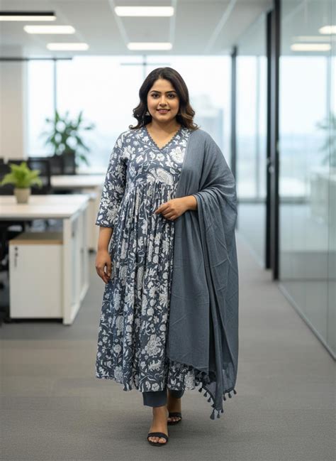 Nayra Grey Floral Cotton Dupatta, Pant and Kurta Set – Moora