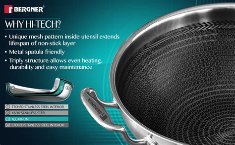 Bergner Hitech Triply Non-Stick 20 cm (1.5 L) Kadai with Flat Glass Lid ...