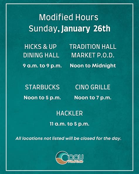 #CCUFoodCrew | Dining Hours of Operation for tomorrow, Sunday, Jan. 26 ...