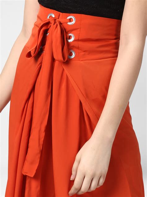 Women's Orange Polyester High Waisted Palazzo with front Rivets and Ba ...