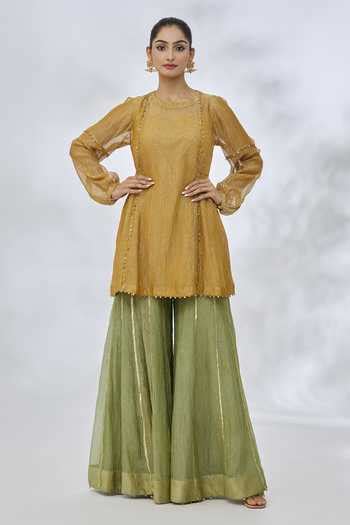 Buy Yellow Cotton, Silk Sequins, Zari Round Neck Chevron Pattern Tunic ...