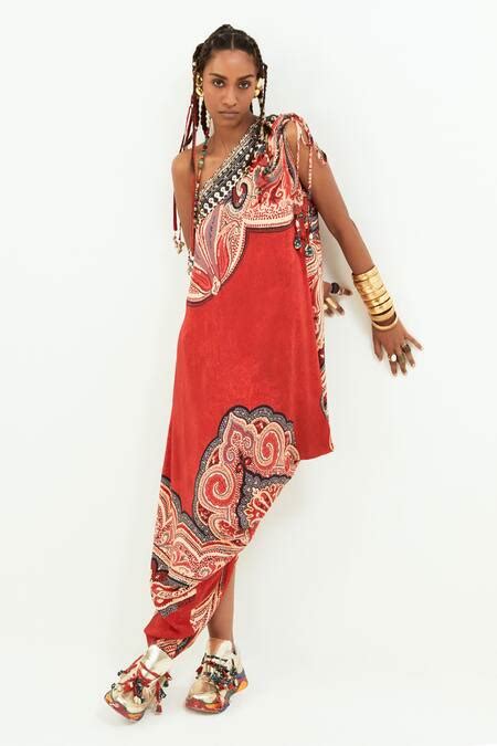 Buy Red Crepe Beads One Shoulder Rasa Ambi Print Dress For Women by ...
