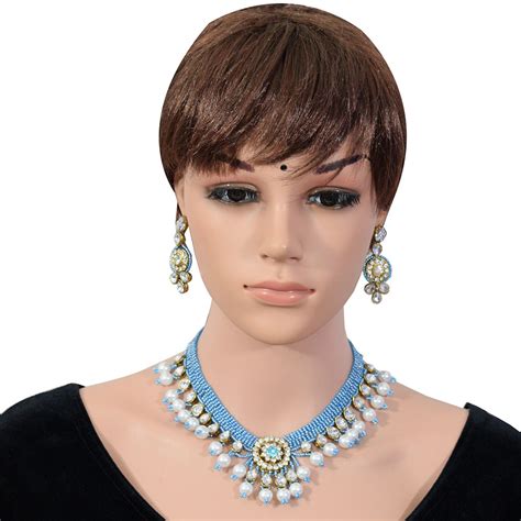 Sky Blue & White Beads Diamond Stone Pendant Choker Necklace Set ...
