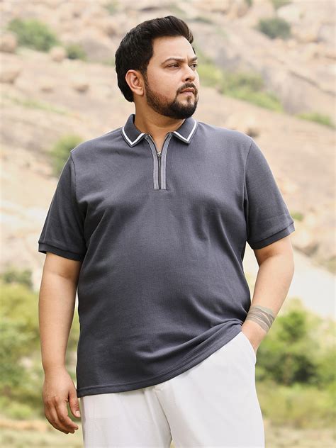 Instafab Plus Men's Moon Grey Solid Waffle Half-Zip Polo T-Shirt