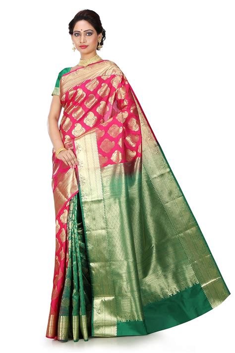 Buy Ucchal Zari Woven Fuchsia & Green Saree with Blouse at Amazon.in