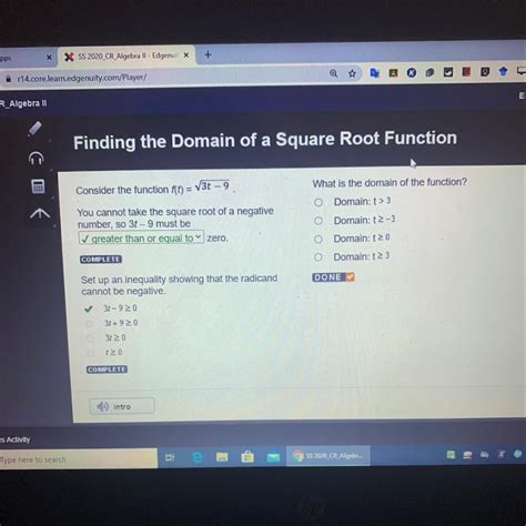 What is the domain of the function? O Domain: t > 3 O Domain: t 2-3 O ...