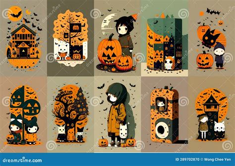 Cute Halloween Child Pumpkin Cat Mirrored Symmetrical Seamless Stock ...