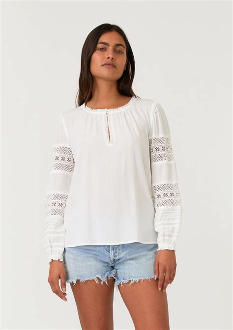 White Bohemian Flowy Long Sleeve Lace Trim Blouse | LOVESTITCH