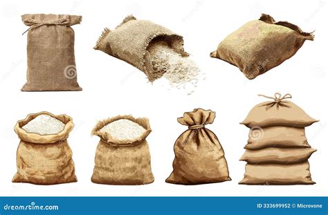 Burlap Brown Sack of Rice Set. Closed and Opened. Laying on Top of Each Other on Its Side with ...